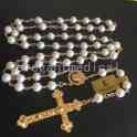elegantmedical Rare GOLD AAA White Pearl Beads catholic Rosary NECKLACE Cross Crucifix GIFTS BOX