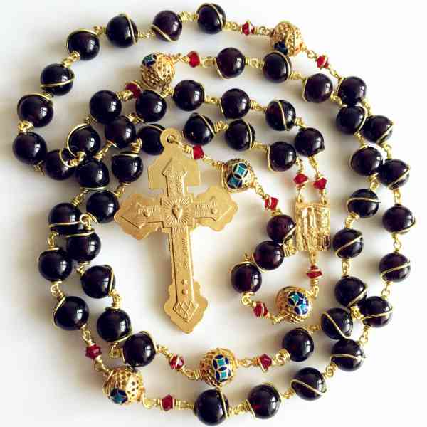and 1 3/4 x 1 inch Crucifix Silver Finish San Cristobal Rosary with 7mm Garnet Lock Link Aurora Borealis Beads San Cristobal Center Gift Boxed