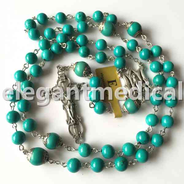 HanlinCC Turquoise Beads Catholic Rosary Necklace with Anti-Silver Plated Fatima Center Piece and Crucifix with Blue Color Leather Gift Box 