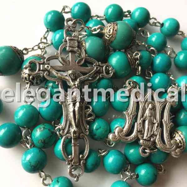 elegantmedical Turquoise Tibet Copper Beads Sterling 925 Silver Rosary Necklace Catholic